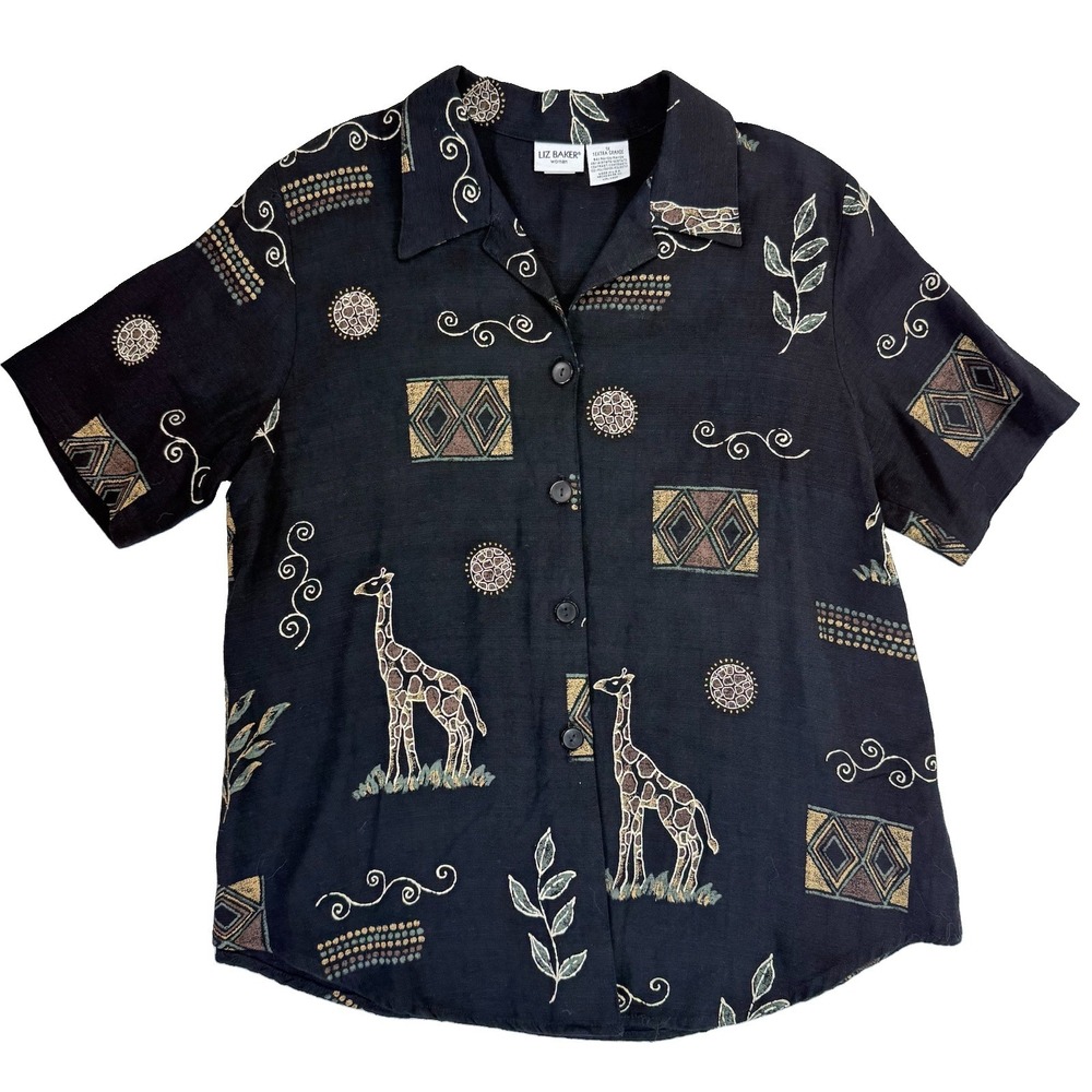 Vintage Liz Baker 1X Black Giraffe Safari Print Blouse Y2K Button Up USA Artsy